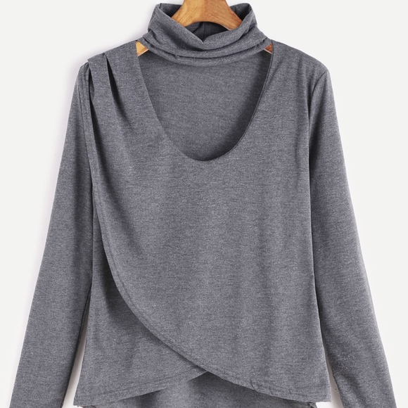 ROMWE Tops - Gray Long Sleeve Choker-Neck Shirt